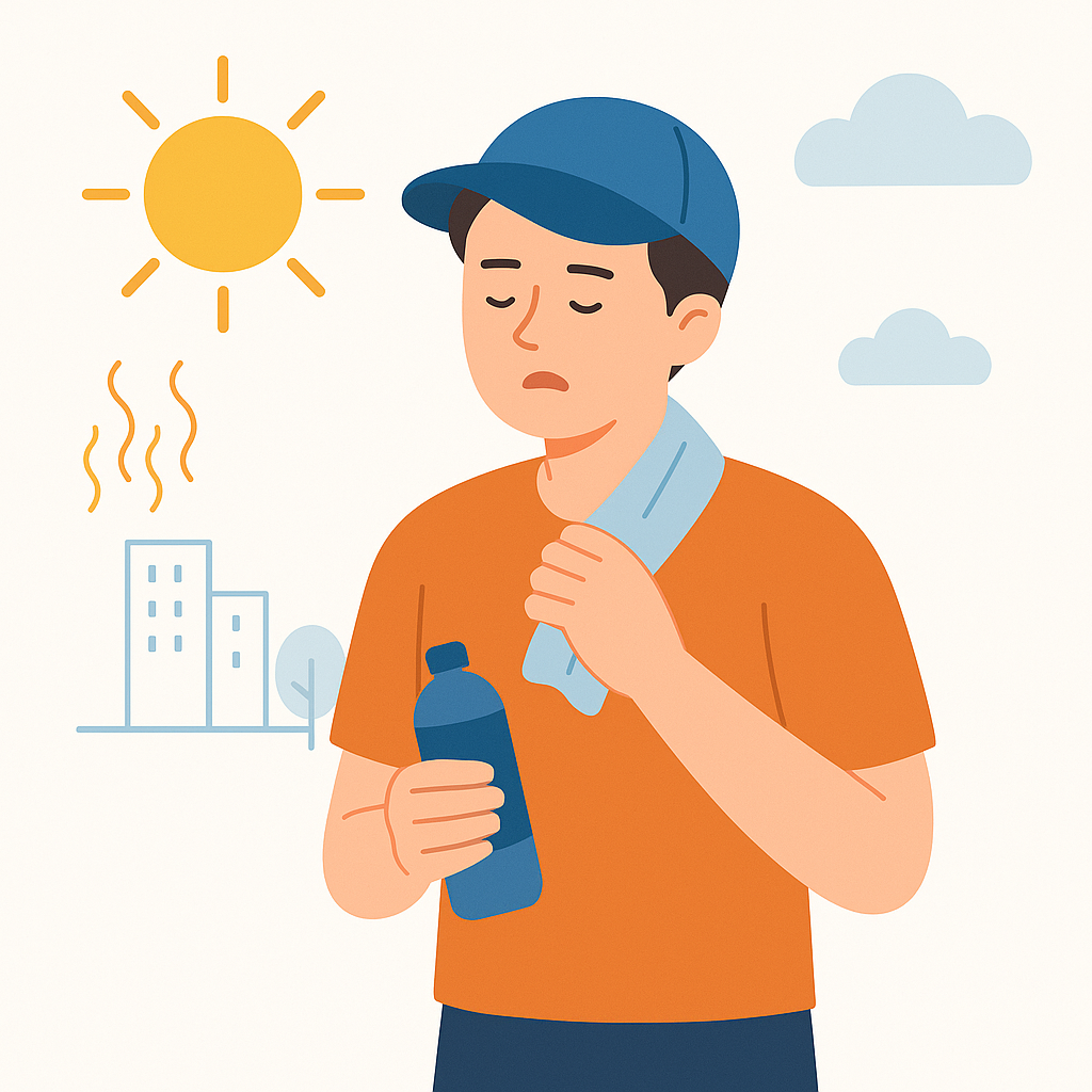 물을 마시며 체온을 낮추는 남성