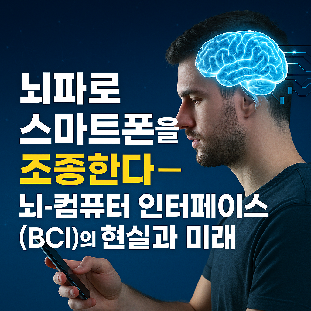 뇌파로 스마트폰을 조종하는 개념을 표현한 디지털 일러스트로, 젊은 남성이 머리에 전극 장치를 착용한 채 화면을 응시하고 있으며, 배경에는 뇌파 신호와 연결선을 형상화한 네온빛 그래픽이 퍼져 나가 미래적 분위기를 강조한 장면.