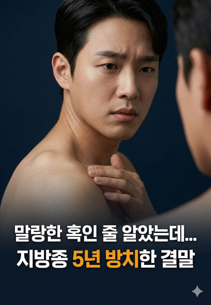어깨에 지방종을 발견하고 심각한 표정을 짓고 있는 남성의 모습