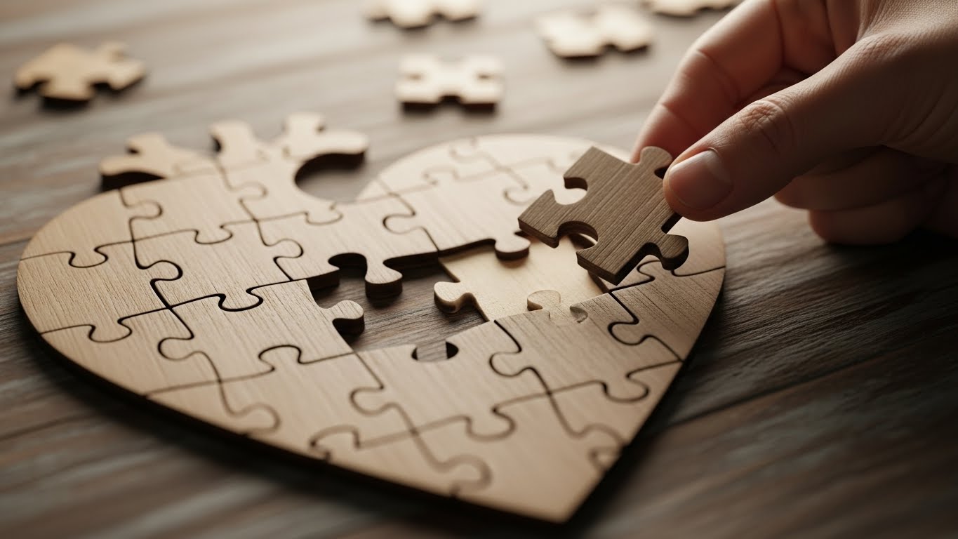 타인과의 유대감이 마음의 상처를 치유하는 마지막 퍼즐 조각임을 형상화한 이미지