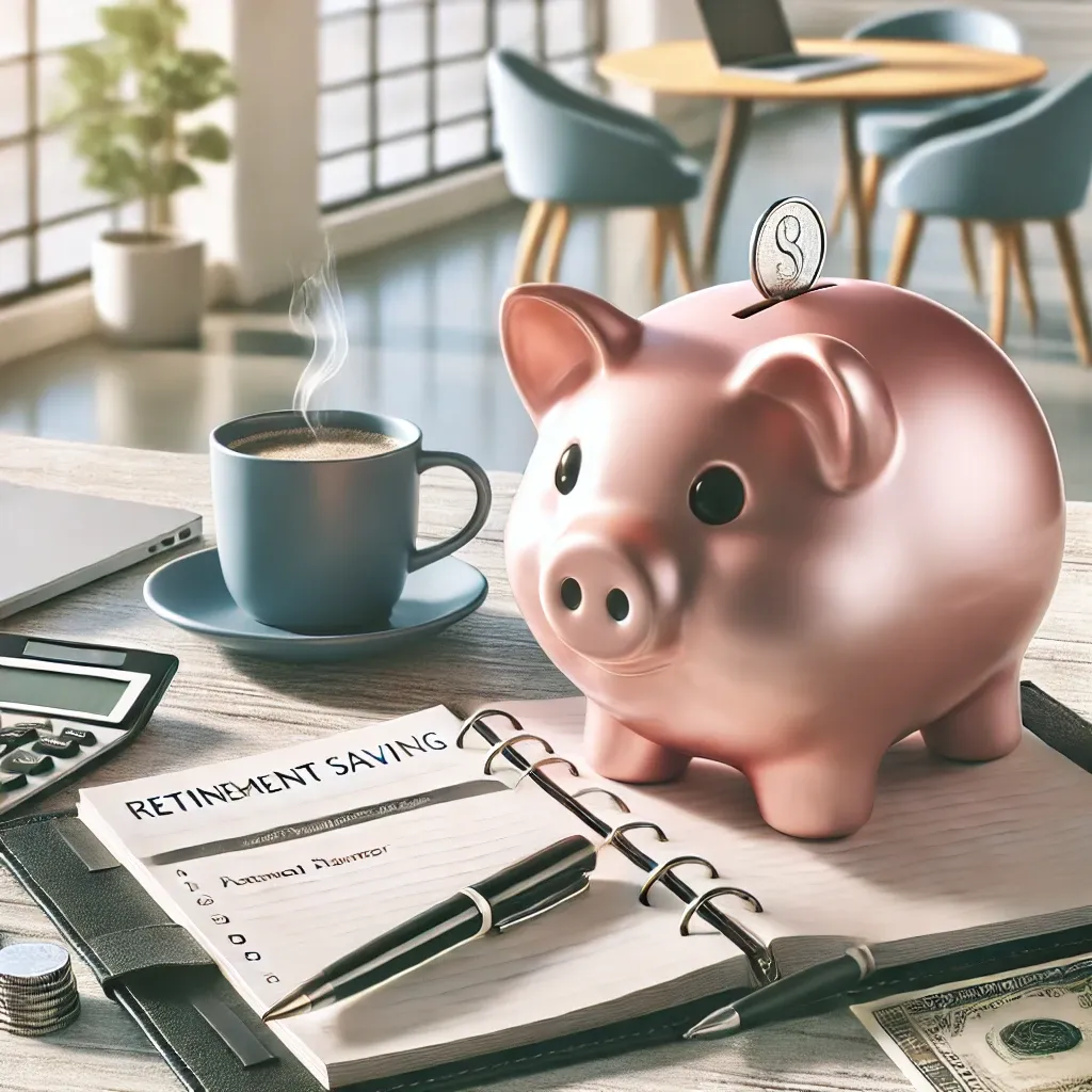 책상 위 저금통&amp;#44; 펜과 재무 계획 노트북이 함께 놓여 있으며 현대적 