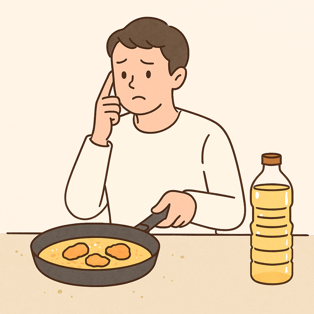 튀김 후 남은 기름을 재사용할지 고민하는 사람의 모습, 후라이팬과 기름병이 함께 있음