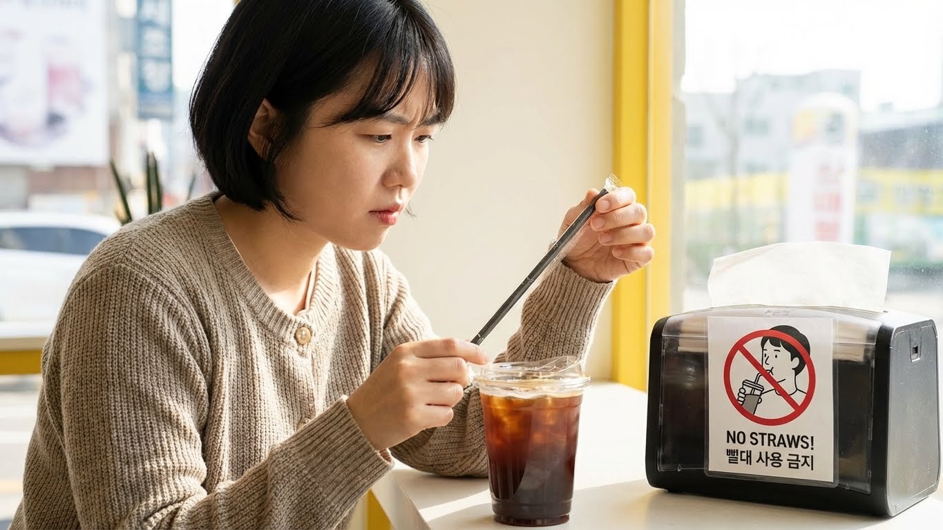 여성이 카페에서 아이스 아메리카노를 마시려다 빨대를 보고 멈칫하는 모습