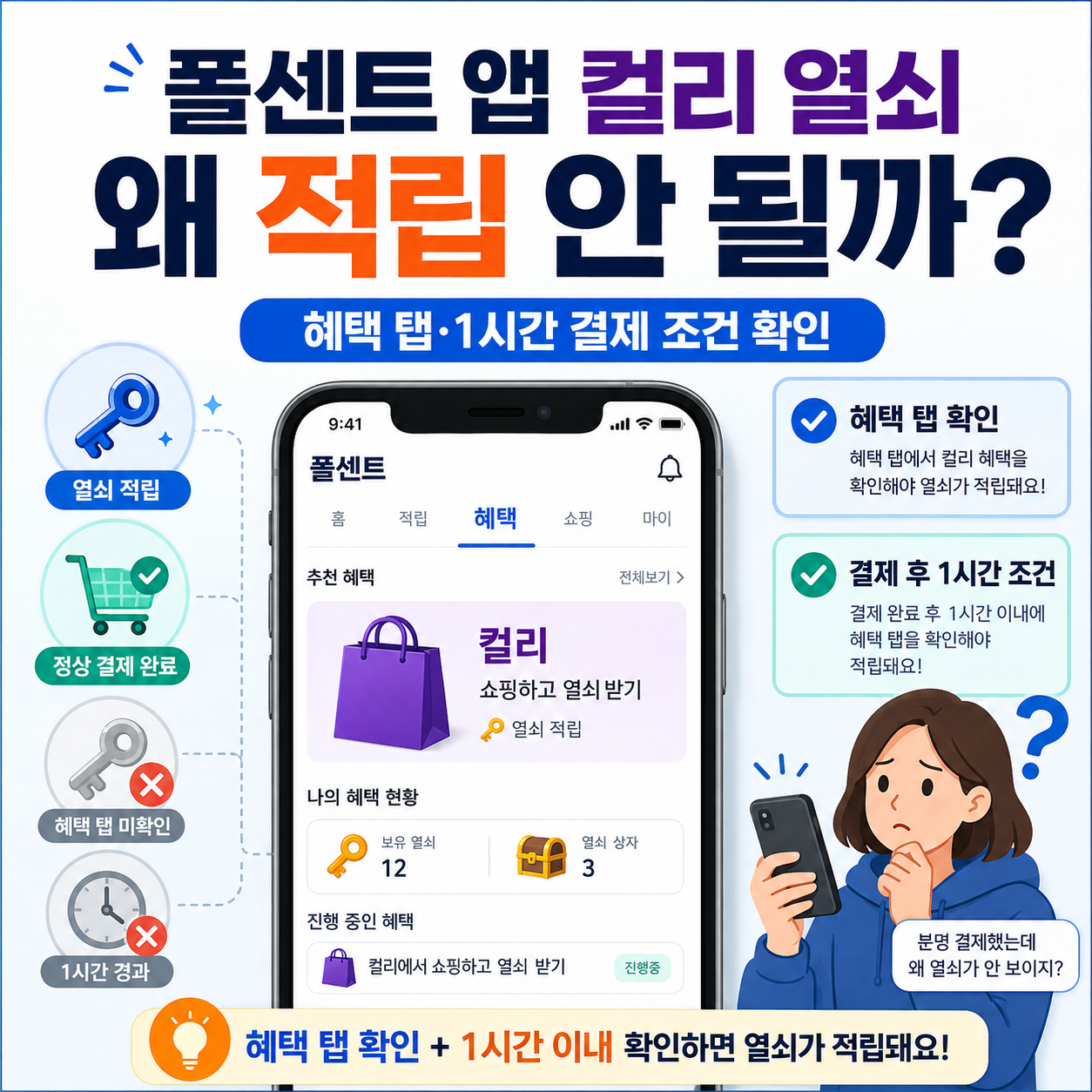 폴센트 앱 컬리 열쇠 왜 적립 안 될까? 혜택 탭&middot;1시간 결제 조건 확인