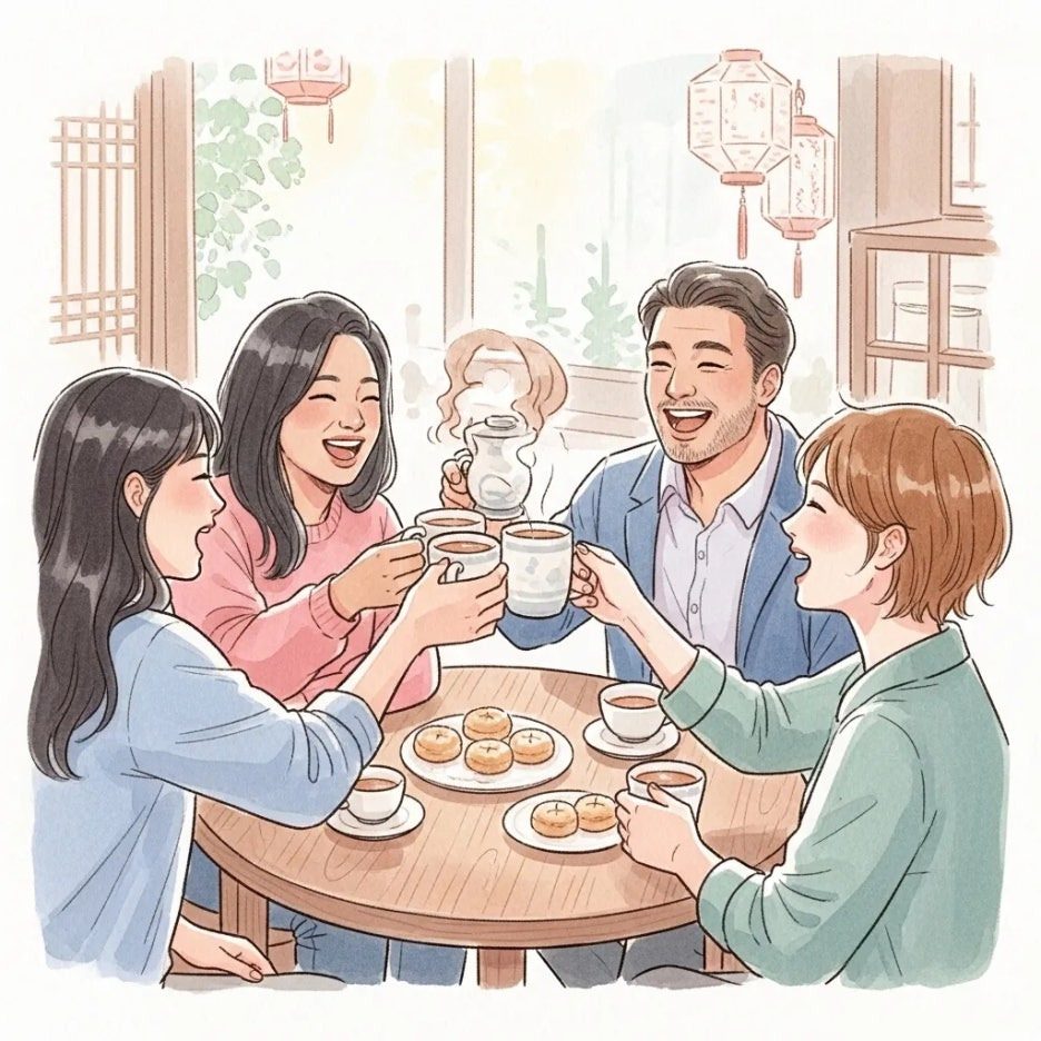 한국 카페에서 친구들과 즐거운 시간 보내는 모습.