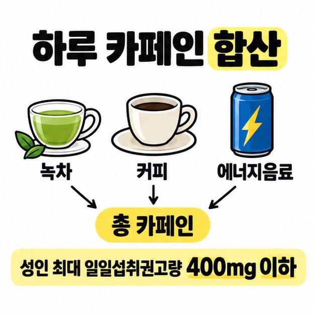 녹차와 커피 및 에너지음료의 카페인을 합산하고 성인 최대 일일섭취권고량 400mg 이하를 표시한 도식