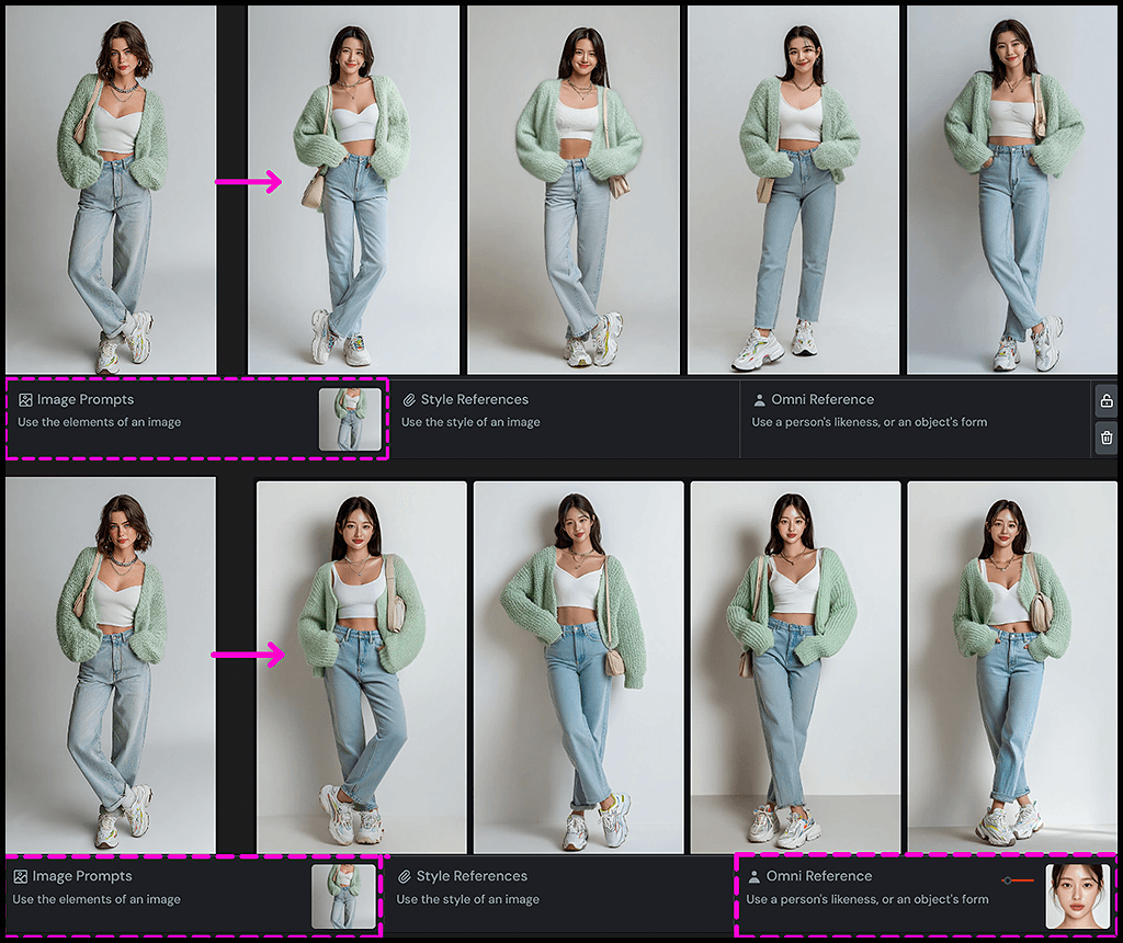 북, OREF로 외부 이미지의 민트색 니트 가디건과 청바지 의상을 착용한 한국 여성 모델의 전신 화보 이미지_Midjourney