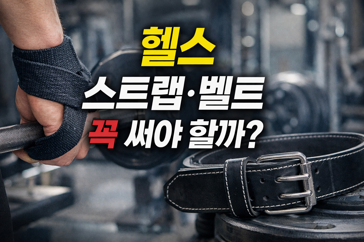 헬스 스트랩과 웨이트 벨트를 착용한 손과 운동용 벨트 모습, 고중량 웨이트 트레이닝 보조 장비 사용 여부 설명 이미지
