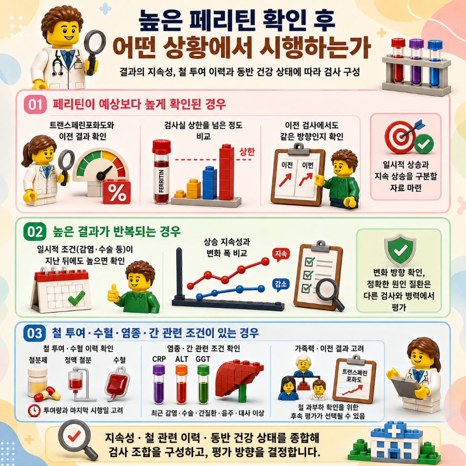 높은 페리틴이 확인된 뒤 어떤 상황에서 추가 검사를 시행하는지 설명한 레고 스타일 메디컬 인포그래픽