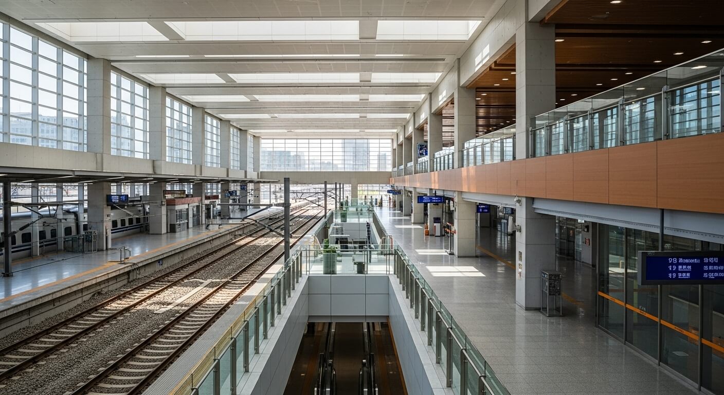넓은 유리창과 철로가 보이는 현대식 기차역 내부 전경