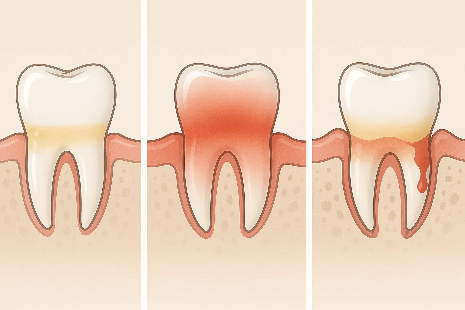 건강한 잇몸, 플라그가 잇몸에 쌓인 모습, 붓고 피 나는 잇몸