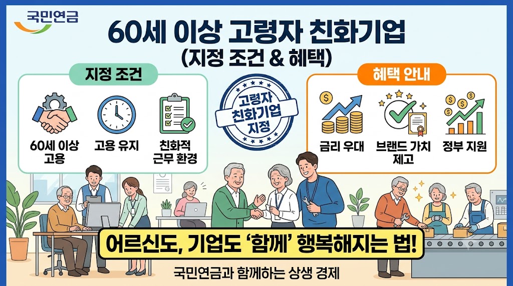 고령자 친화기업 지정 조건과 지원금 혜택을 안내하는 메인 이미지