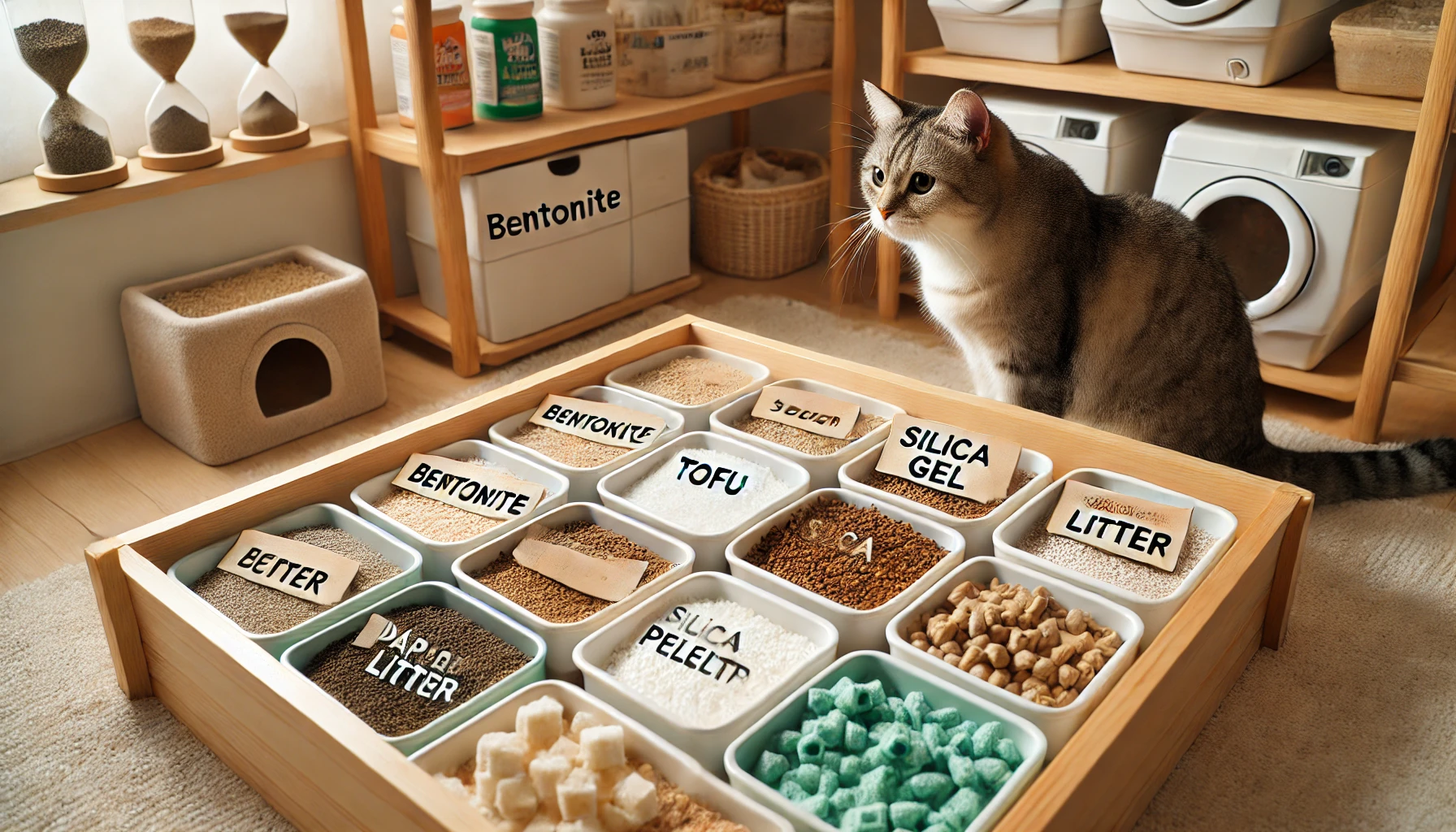 고양이 모래의 다양한 종류를 한눈에 볼 수 있도록 구성된 장면