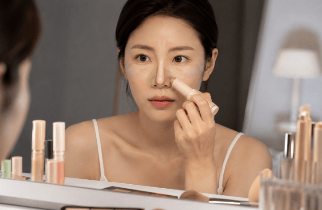 거울보며 코 쉐이딩 하는 여자