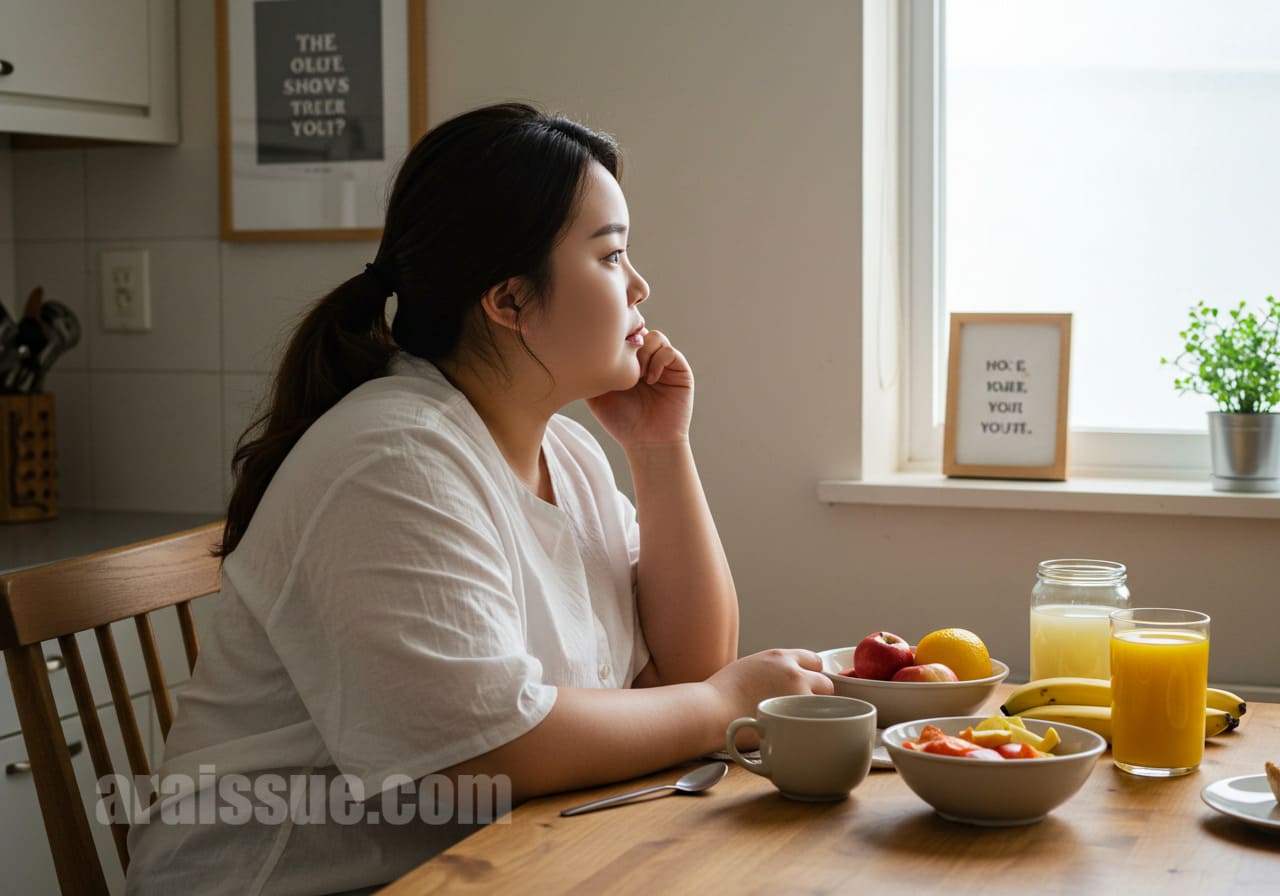 다이어트를 시작한 여성이 식탁 앞에서 명언을 바라보며 동기를 되새기는 장면. 주변에는 자연광이 들어오는 차분한 아침 분위기의 주방이 배경으로 있다