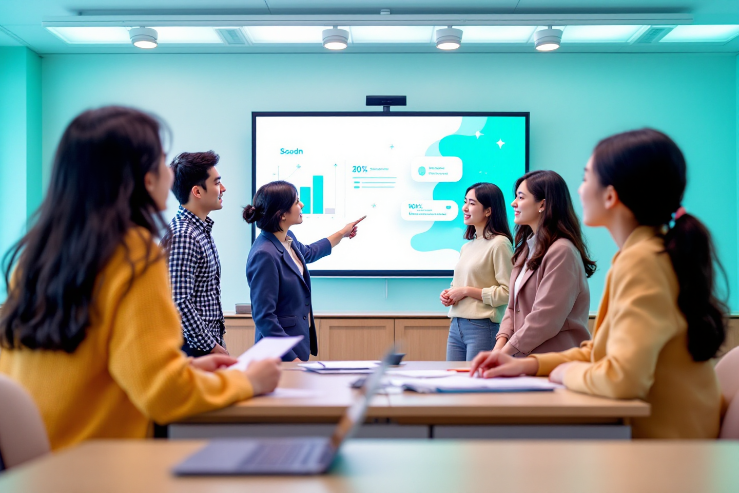 대학생5명과 교수님1명이 벽면의 터치스크린을 보고 실무 강의를 진행하고 있는 이미지