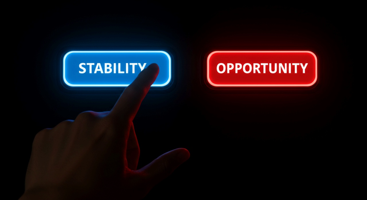 파란색 '안정' 버튼과 빨간색 '기회' 버튼 사이에서 선택하려는 손의 모습