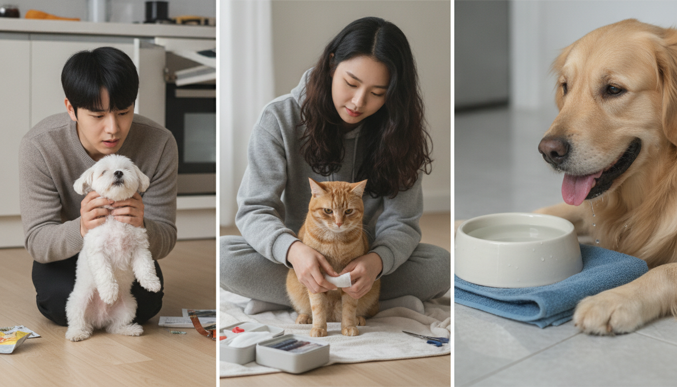 강아지 이물질 섭취 대처, 고양이 발 상처 처치, 반려견 열사병 예방 등 펫 응급상황별 대처 장면 3단 세트 이미지