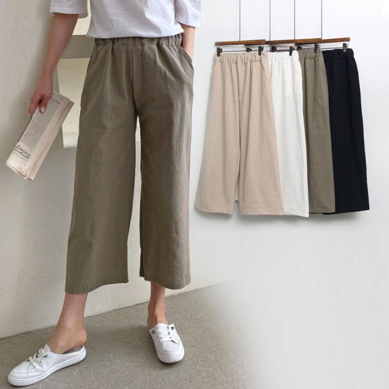 린넨 8부 바지 여성 면 와이드 팬츠 일자 밴딩
