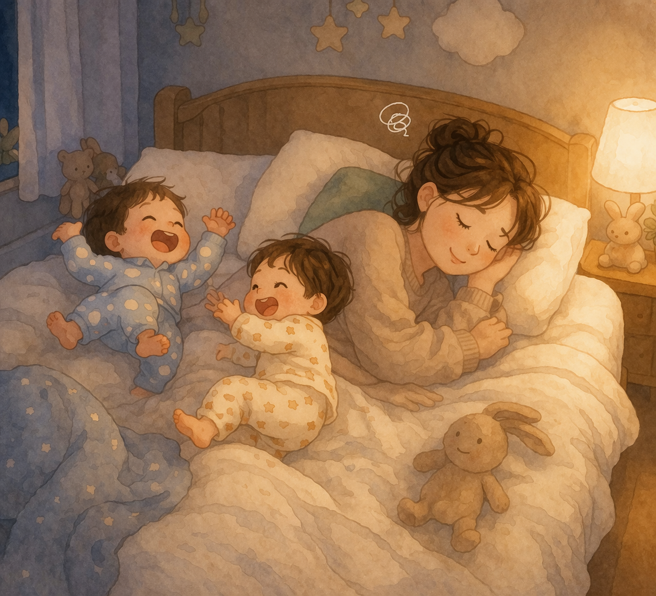 A tired mom lying quietly on a bed while two energetic babies roll around beside her, capturing the relatable chaos of a bedtime routine.