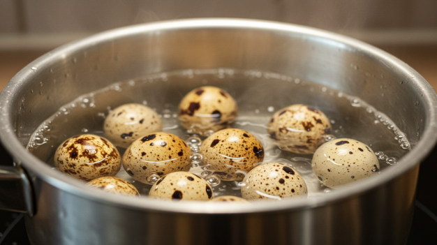 끓는 물에 메추리알이 들어가 보글보글 끓고 있는 모습