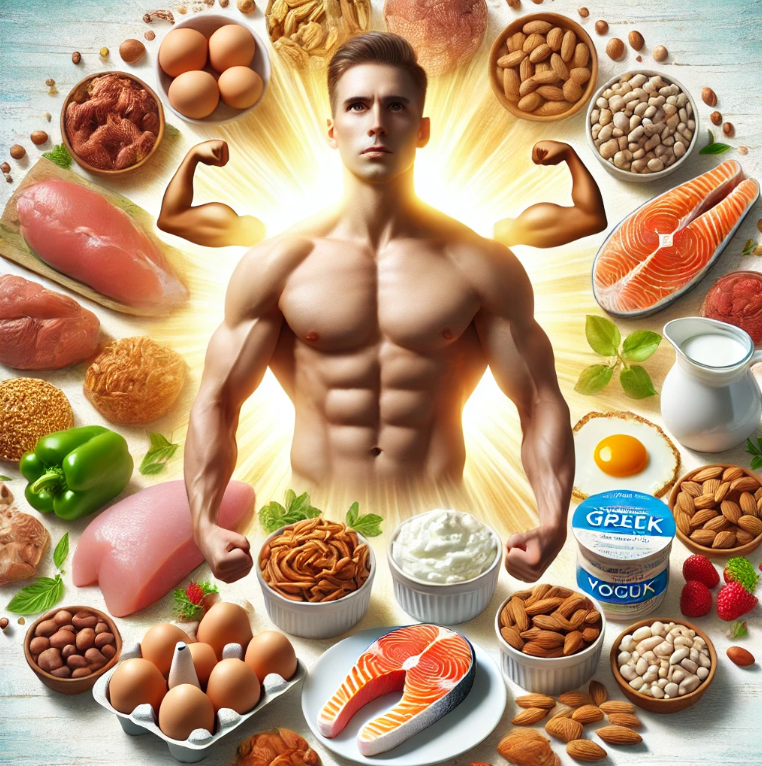 단백질이 많은 음식들로 둘러 쌓인 건강한 남자의 사진