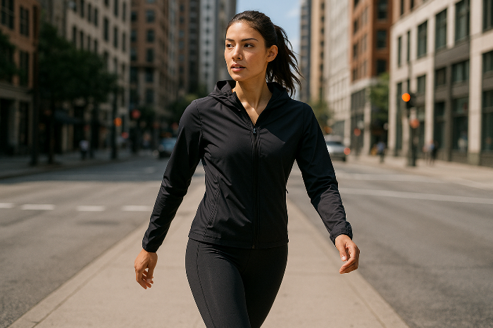 도심에서 기능성 애슬레저 의류를 착용한 모델이 이동하는 모습