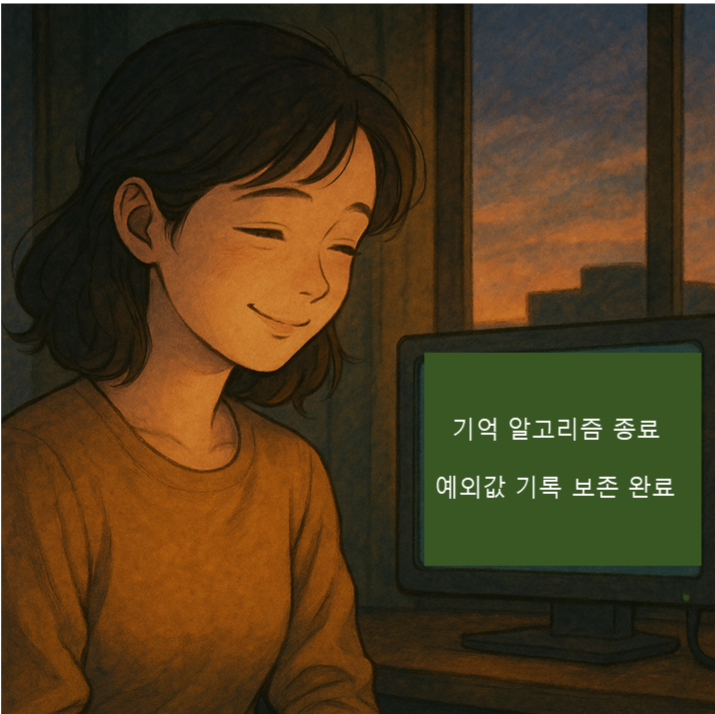 “기억을 간직하며 미소 짓는 시연, 그리고 마지막 메시지가 뜬 화면”
