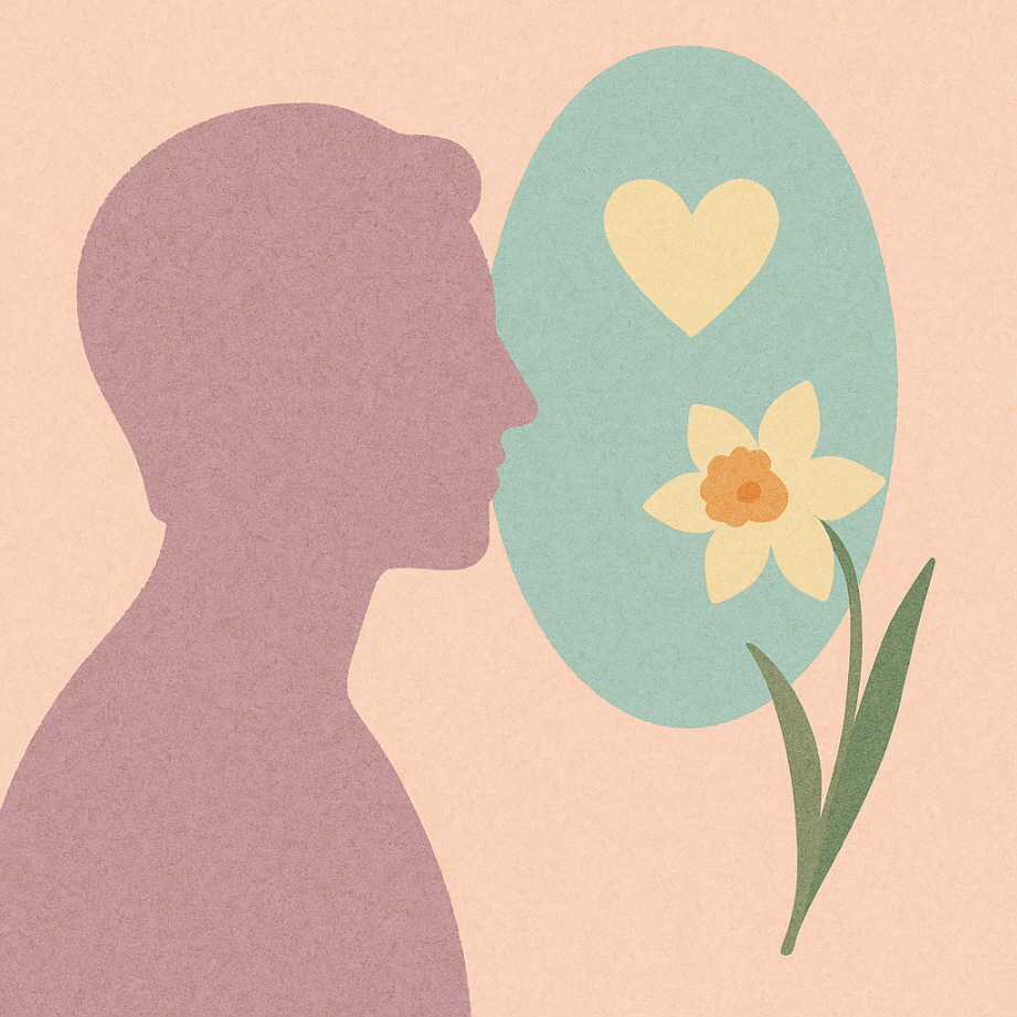 파스텔톤으로 표현된 디지털 일러스트. 연보라색 인물의 옆모습 실루엣이 오른쪽에 비친 연녹색 타원형 거울을 바라보고 있고, 거울 속에는 연노랑 하트와 수선화가 함께 나타난다. 전체 배경은 연한 복숭아색으로, 자기애와 나르키소스를 상징적으로 표현한 장면이다.