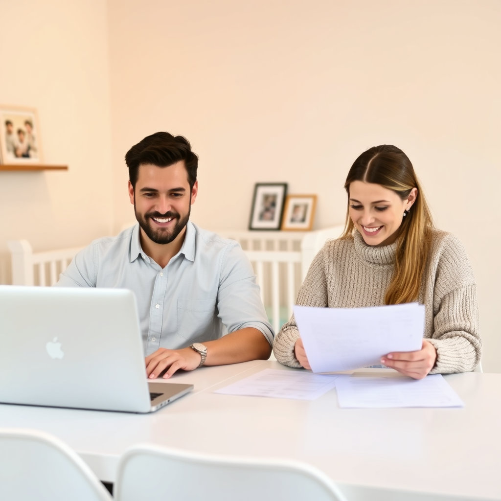 육아휴직 급여 신청을 위해 부부가 신청정보를 검토하고 있습니다. 남자는 노트북에서 정보를 보고 있고 여자는 서류를 보면서 무엇이 필요한지 검토하고 있습니다.