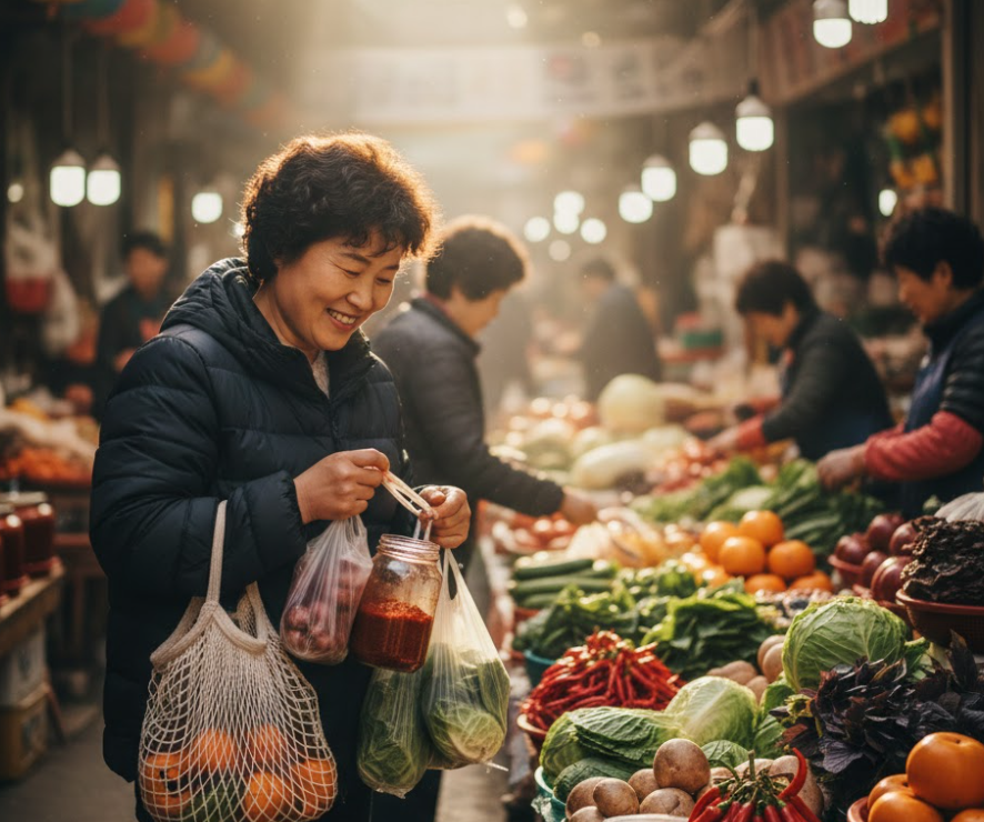 장바구니와 재사용 용기를 들고 전통시장에서 장을 보는 친환경 쇼핑 모습