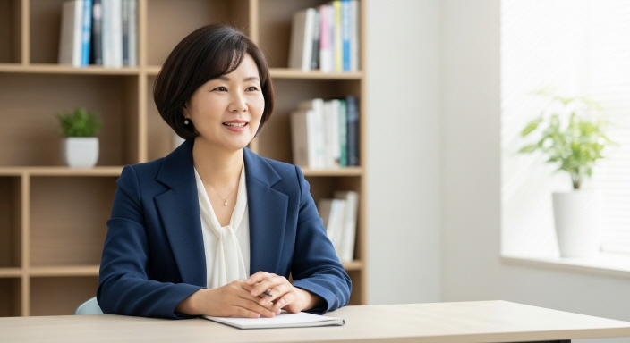 책장을 배경으로 인터뷰하는 중년 여성 전문가