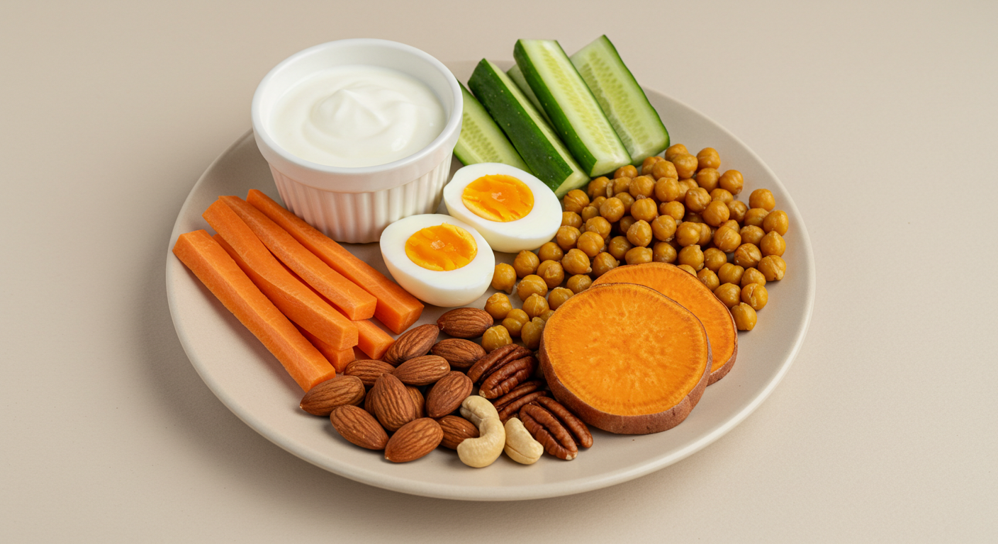 건강한 다이어트 간식 6가지를 한 접시에 담은 모습