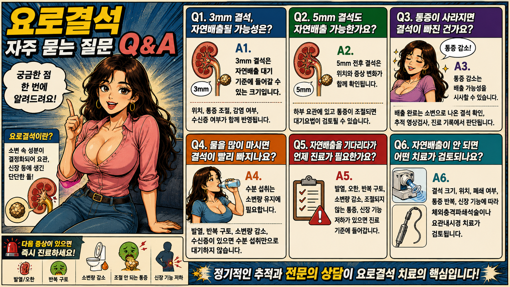 요로결석 자연배출과 치료 기준에 대한 자주 묻는 질문을 정리한 옛날 만화 스타일 Q&A 인포그래픽으로, 3mm·5mm 결석, 통증 감소, 수분 섭취, 진료 필요 시점, 시술 검토 기준을 설명한 이미지