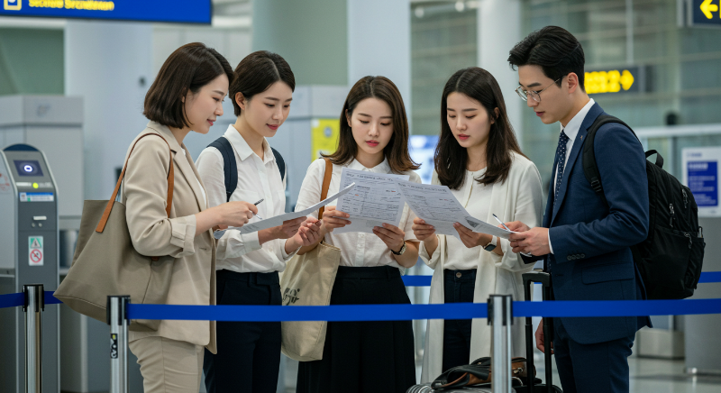 공항 보안 검색 전 최종 점검을 위한 체크리스트를 확인하는 모습
