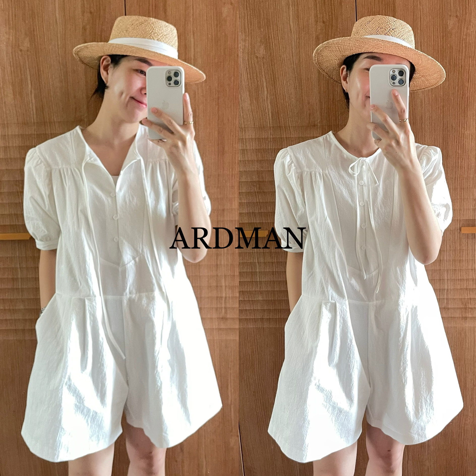 (당일) 퍼프 소매 리본 반바지 점프수트