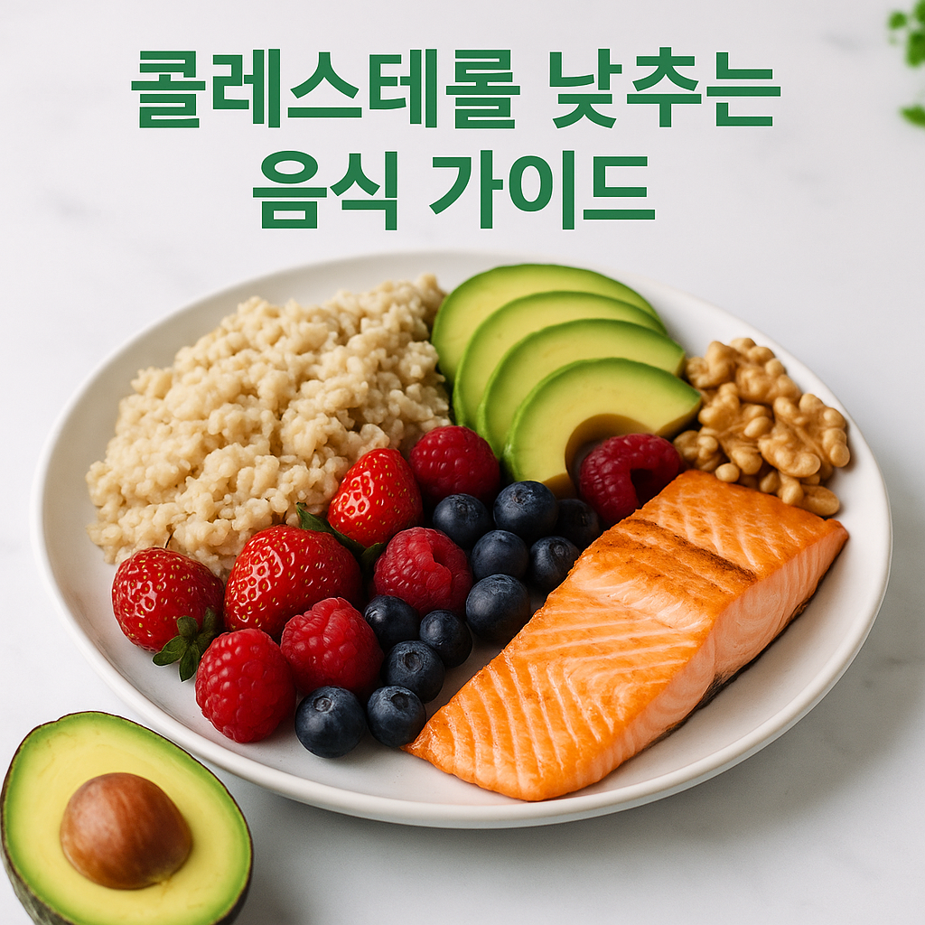 오트밀, 연어, 아보카도, 딸기, 블루베리, 라즈베리, 호두가 담긴 건강한 접시 음식 사진. 콜레스테롤을 낮추는 데 도움이 되는 건강 식품들로 구성된 균형 잡힌 식단.