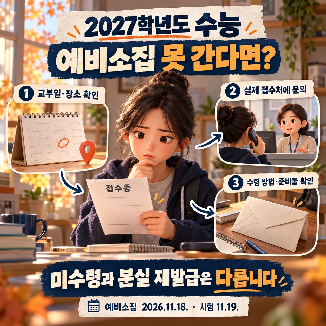 졸업생이 접수증의 교부일과 장소를 확인하고 실제 접수처에 전화해 수험표 수령 방법과 준비물을 확인하는 순서를 나타낸 인포그래픽