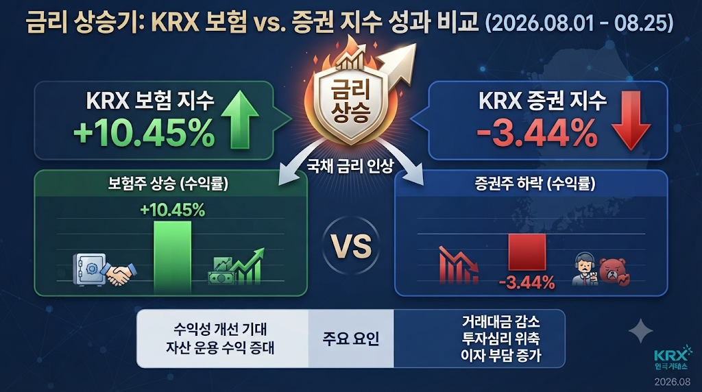 2026년 8월 보험주 지수 상승과 증권주 지수 하락을 비교한 금융시장 인포그래픽