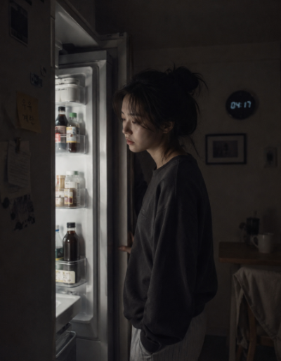 수면 부족과 야식 충동을 표현한 새벽 냉장고 장면