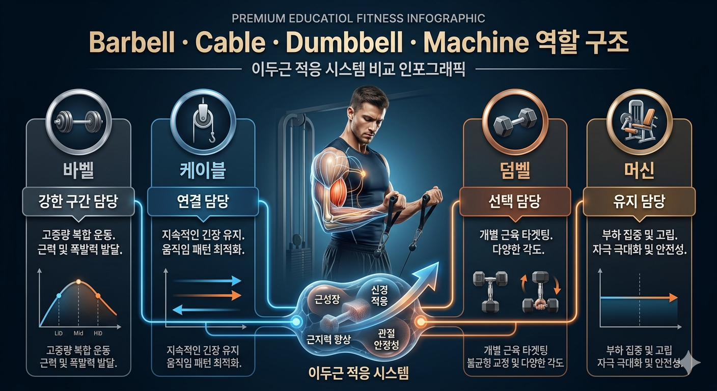 Barbell · Cable · Dumbbell · Machine 역할 구조