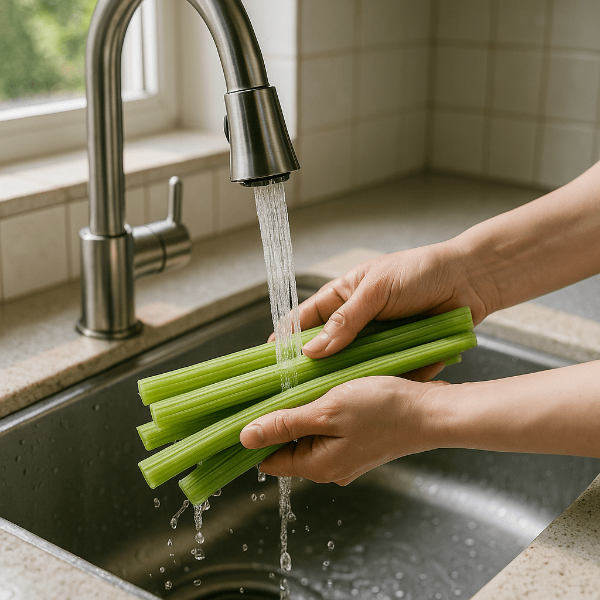 싱크대에서 세척하고있는 머위대 사진