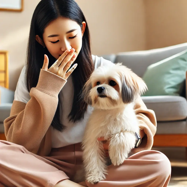 바닥에 앉아 반려견의 턱을 들어 입냄새를 걱정하는 표정의 동양인 젊은 여성