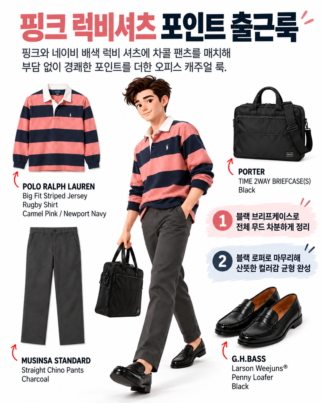 핑크 네이비 폴로 럭비티와 차콜 치노팬츠 코디