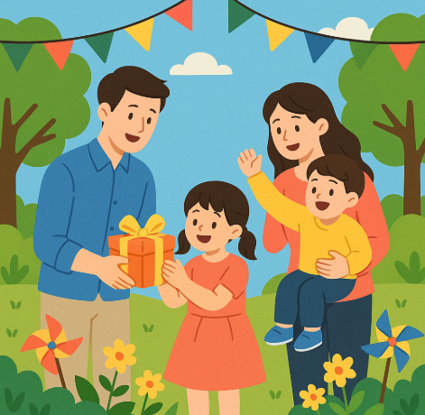 아빠가 아이에게 선물을 주고 있는 가족의 모습