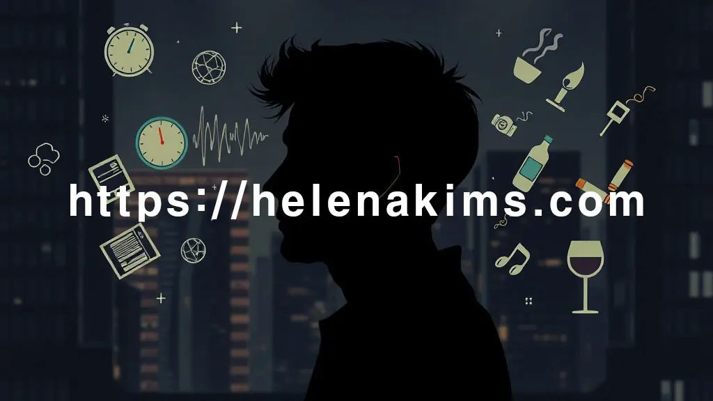 어둡고 차분한 도시 야경을 배경, 지쳐 보이는 현대인의 옆모습 , 주변으로는 시계, 스마트폰, 커피잔, 담배 연기, 와인잔 등 현대인의 스트레스와 잘못된 생활 습관을 상징하는 아이콘들의 그래픽 이미지.