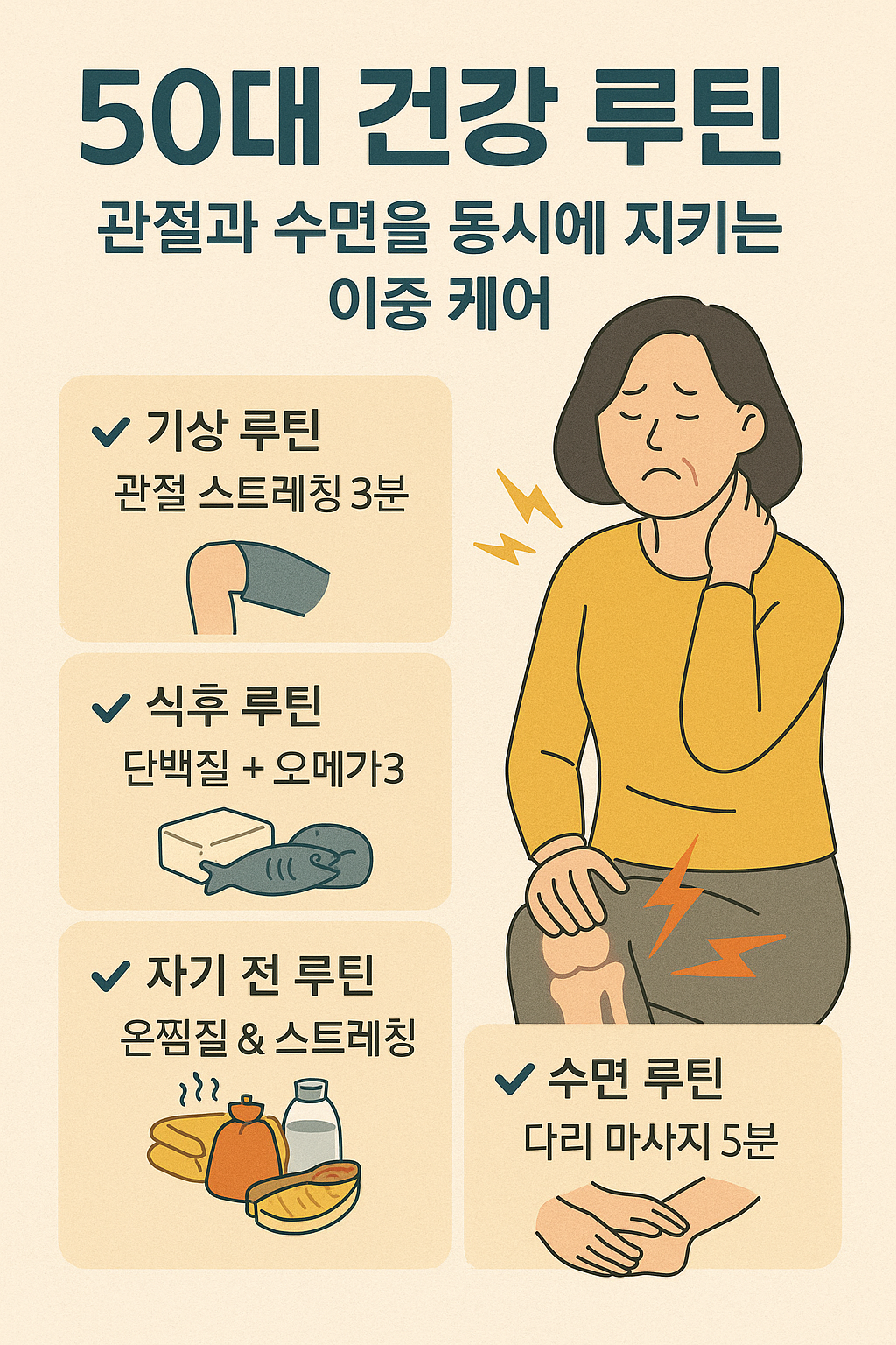 50대의 관절 건강과 수면 질 향상을 위한 루틴을 소개하는 한국어 인포그래픽 이미지로, 무릎 스트레칭과 온찜질 장면이 강조된 일러스트 포함