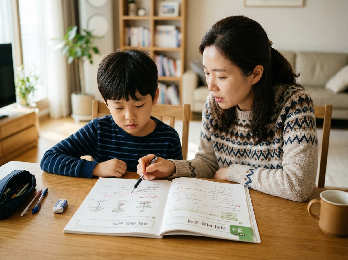 학부모가 자녀의 사회 학습 노트를 점검하며 지도하는 장면