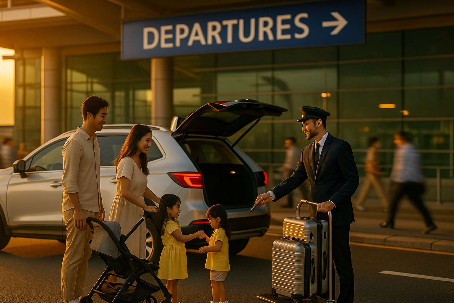 인천공항 터미널 승하차장에서 차량과 유모차를 내리는 가족과 발렛 직원
