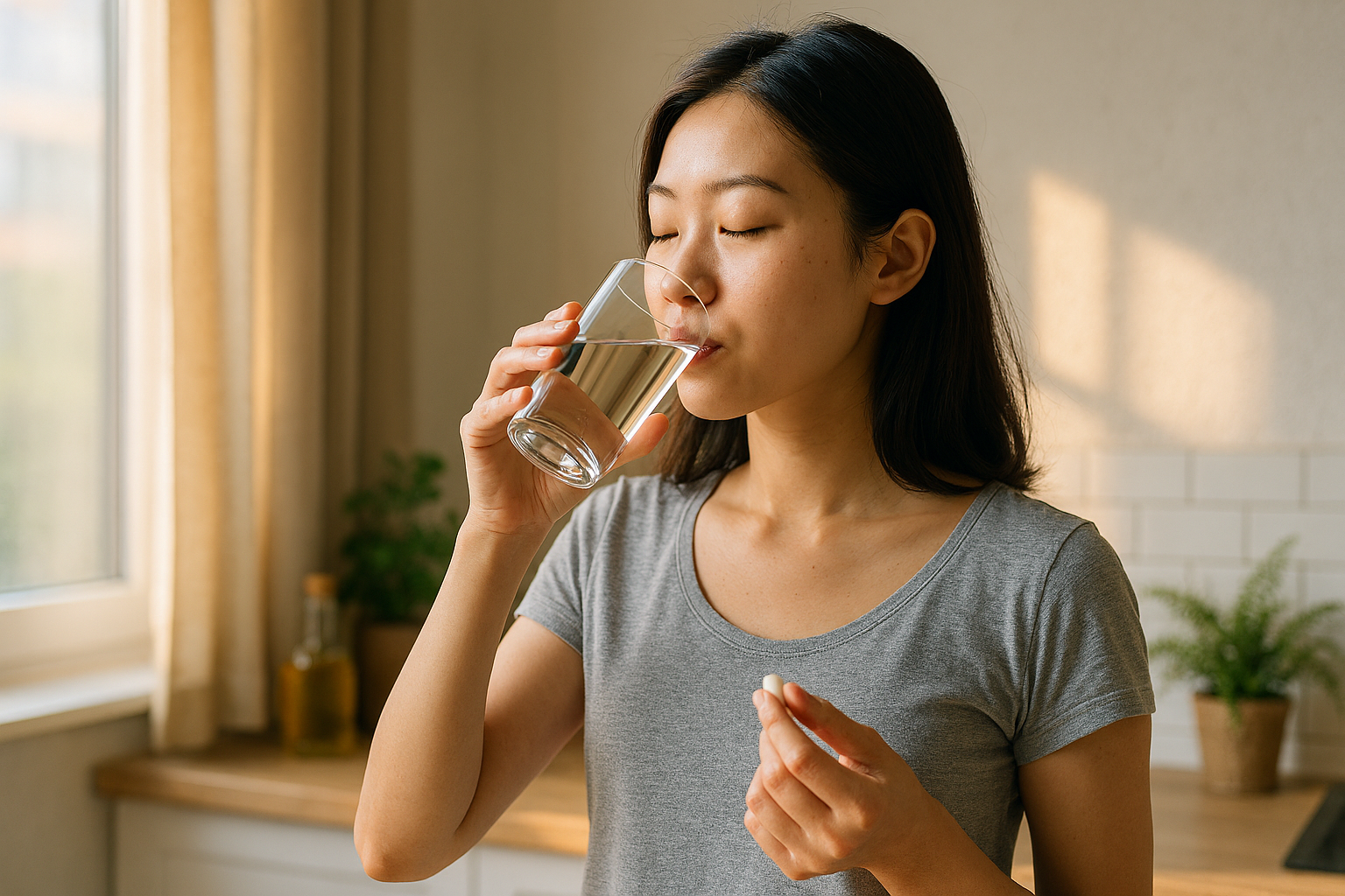 아침 햇볕을 받으며 물을 마시는 일상 이미지